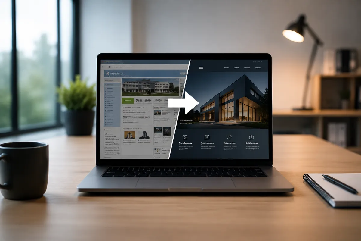 Før og etter en nettsideredesign på en laptop.